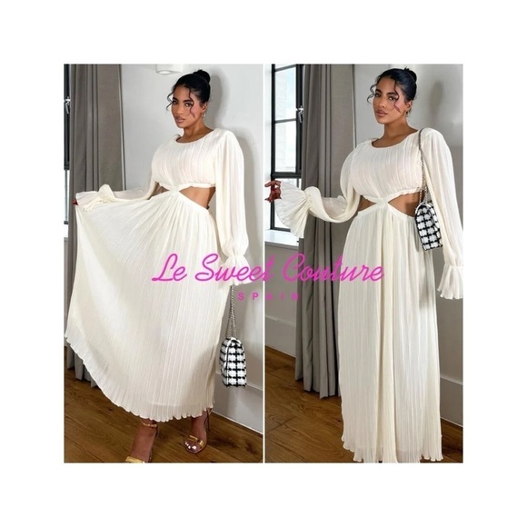 ZARA Beige Pleated Long Sleeve Cutout Midi Dress Small NWT Blogger Favorite - Picture 9 of 15